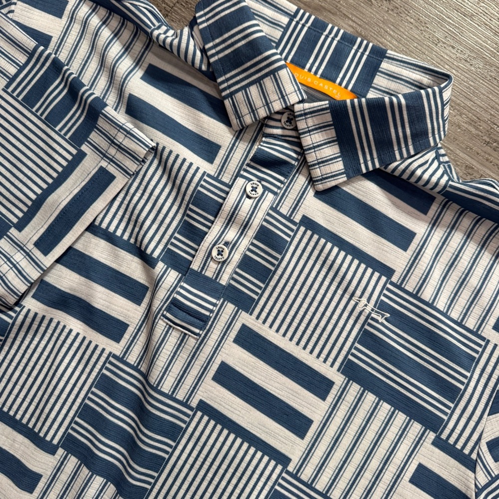 Louis Castel Polo Mens Large Blue White Geometric Tile Pattern Golf Performance